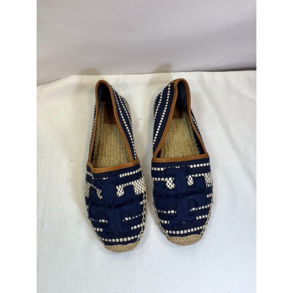 TORY BURCH SZ 8 1/2 COTTON /JUTE EPRIDRILLS SLIP ON SHOES WITH LOGO